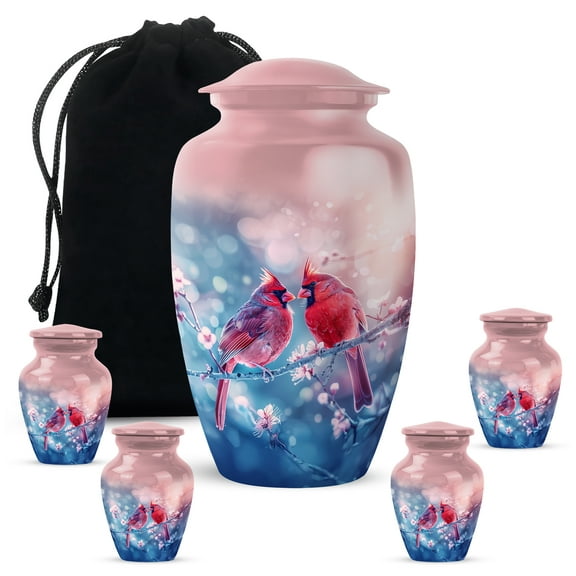 KARYLIZ Urns With Cardinals For Human Ashes - Funeral Decorative Urn for Human Ashes Men & Women - Cremation Urns For Human Ashes - Urns For Human Ashes Adult Man (Combo - 10 Inch & 3 Inch, Set of 5)