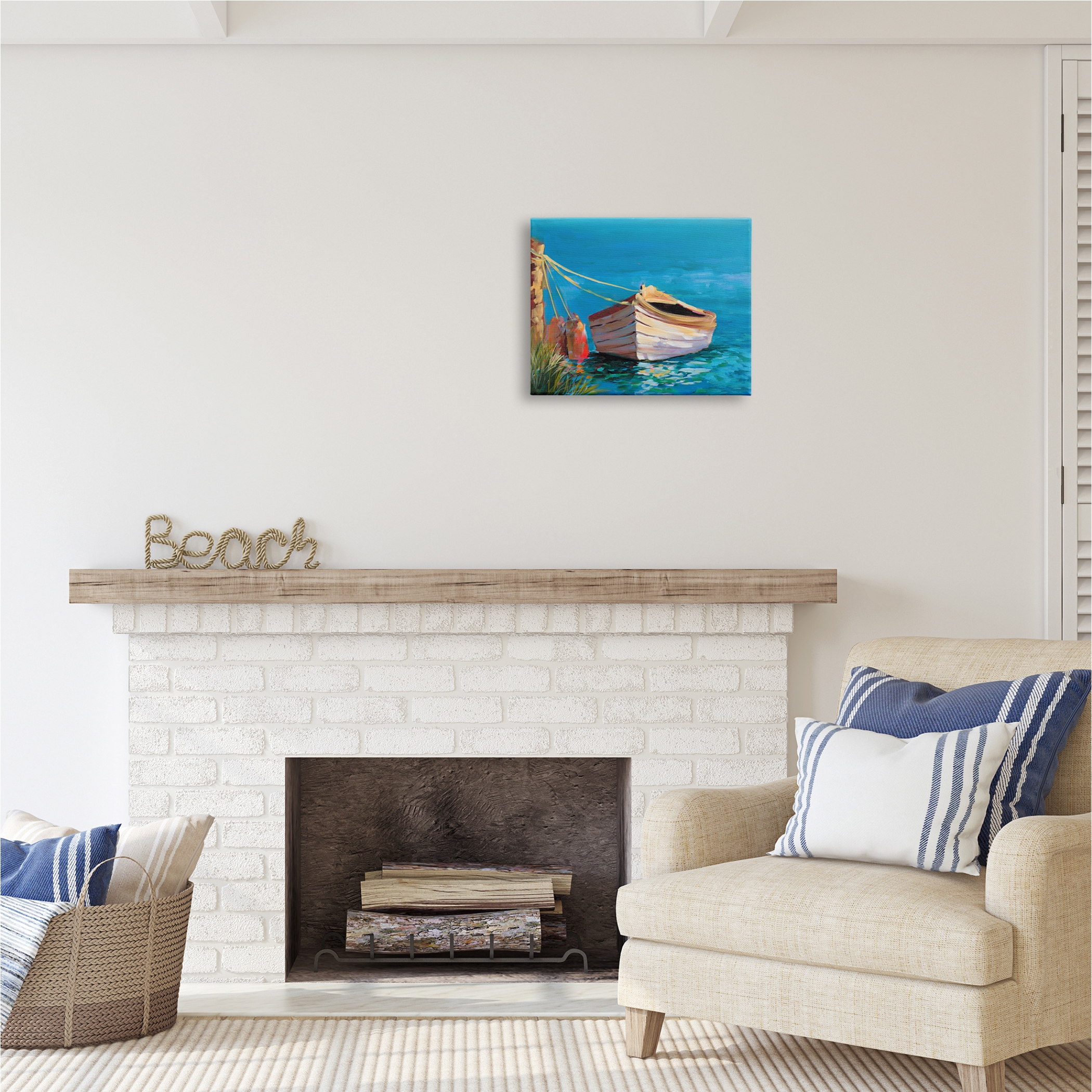 Stupell Industries Docked Boat in Lake Transportation Painting Gallery Wrapped Canvas Print Wall Art, 20 x 16