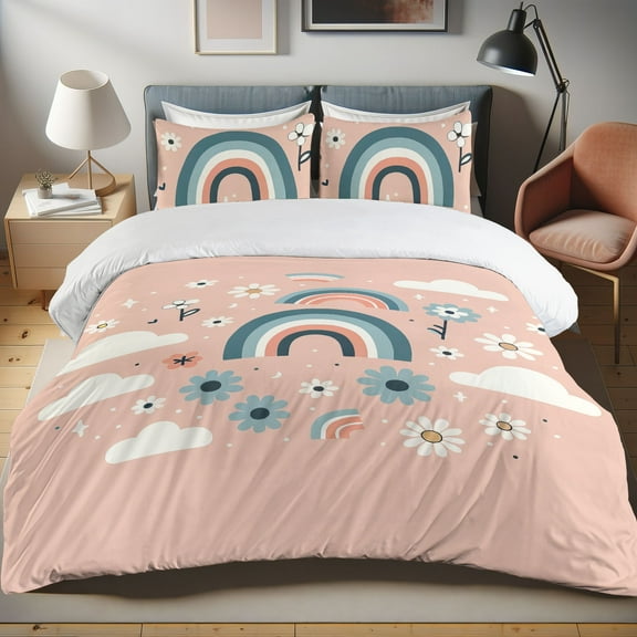 Ambesonne Rainbow Duvet Cover Set, Scandinavian Style Pastel, Calking, Rose Cadet Blue and Coral