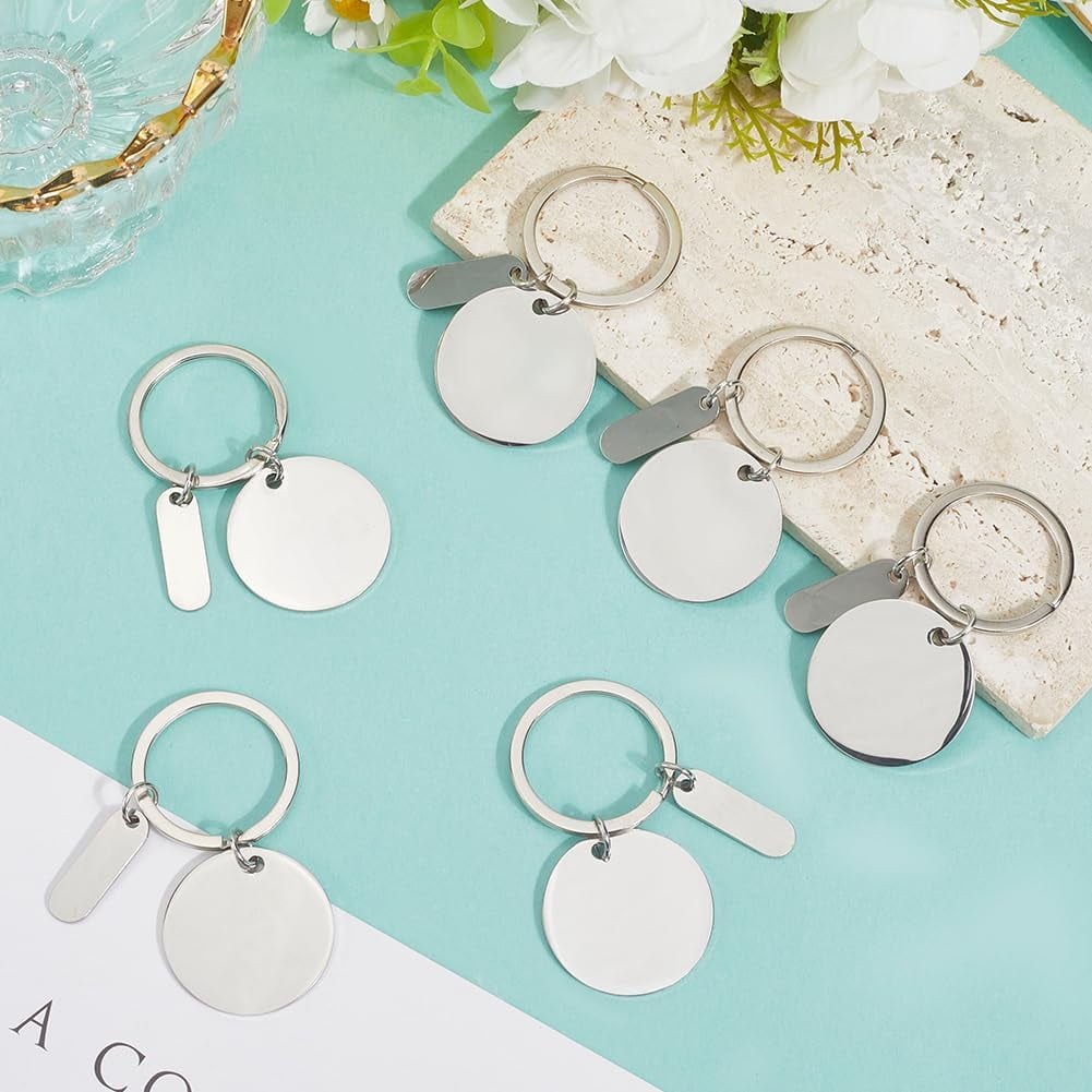 1 Box 20Pcs Engravable Metal Keychain Blanks Round Keychain Blanks Silver Stainless Steel Stamping with Key Ring Laser Engraving Rectangle Tags for DIY Crafts Graduation Gifts Pet Tag