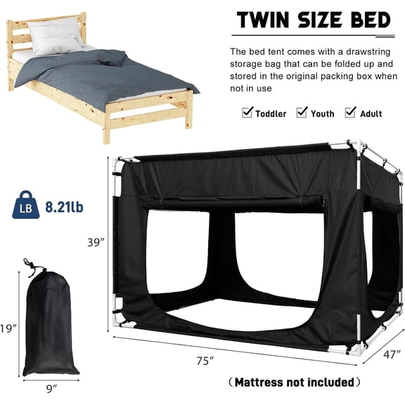 Portable Bed Tent Twin Size with 80% Blackout and 4  for Kids and Adults