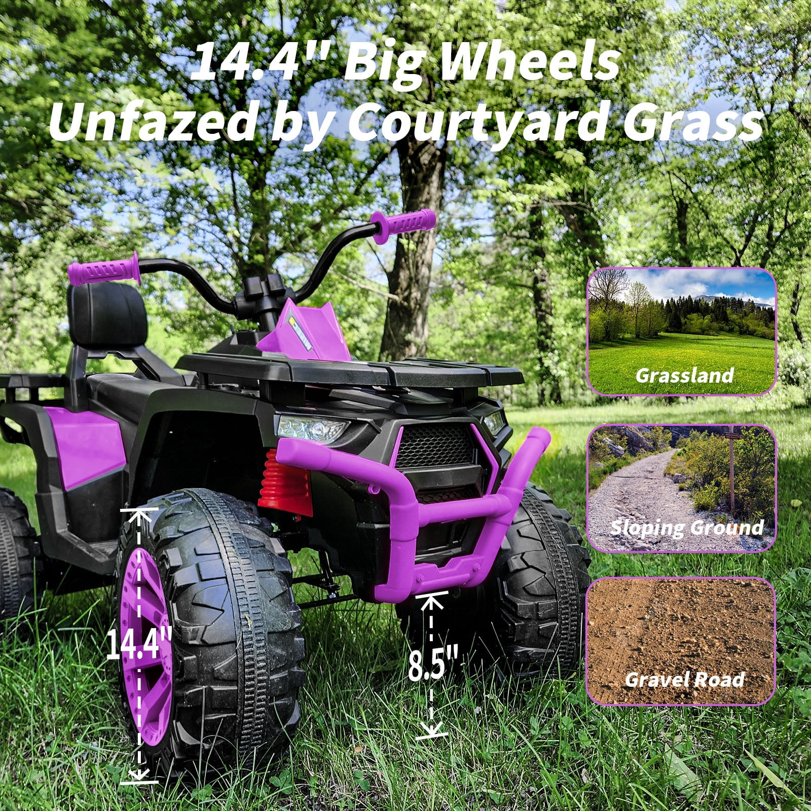 Hikiddo Kids ATV 4-Wheeler, 24 Volt 4WD Ride On Toys for Big Kids w/ 2 Seater, 4x200W Motor, 5.6Mph Max Speed - Purple