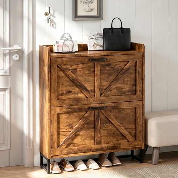 GETYES Entryway Shoe Cabinet with Flip Drawers, Shoe Storage Cabinet with Doors and Shelves, Farmhouse Shoe Organizer for Entryway, Hallway Storage Cabinet, Slim Shoe Rack Cabinet, Rustic Brown