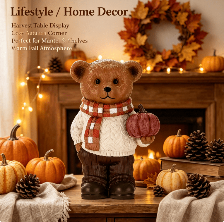 Resin Bear with Pumpkin Decorative Figurine, Multicolor, 6", Thanksgiving Bear Figurine Wearing Plaid Scarf, Cute Fall Season Tabletop Home Decoration
