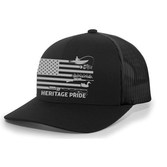 Heritage Pride Hunting and Fishing Outdoors American Flag Mens Embroidered Mesh Back Trucker Hat, Black/Black