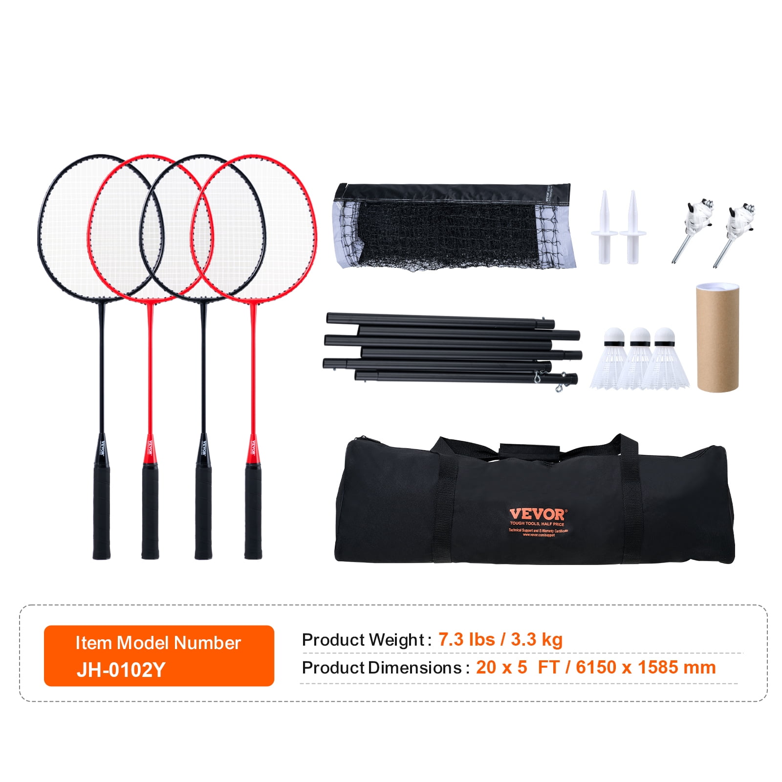 VEVOR Badminton Net Set, Outdoor Backyard Beach Park Badminton Net, Portable Badminton Equipment Set, Adults Kids Badminton Net with Poles, Carrying Bag, 4 Iron Rackets, and 3 Nylon Shuttlecocks
