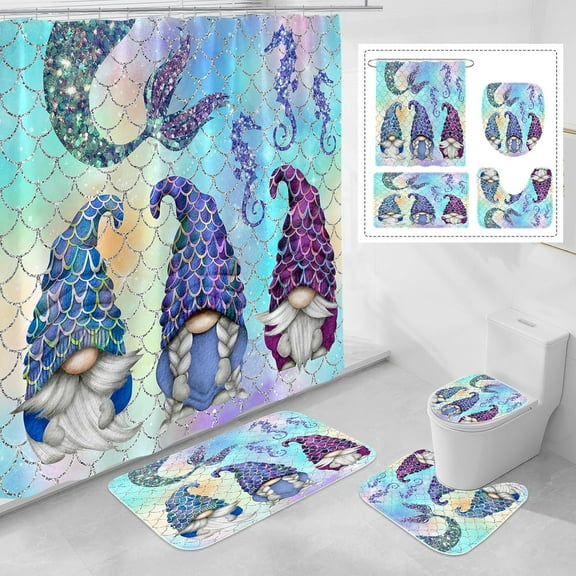 4 Pcs Summer Gnomes Set with Non-Slip Rugs, Toilet Lid Cover and Bath Mat, Blue Ocean Bathroom Decor Set with Shower Curtain and Rugs(Hooks Not Included)