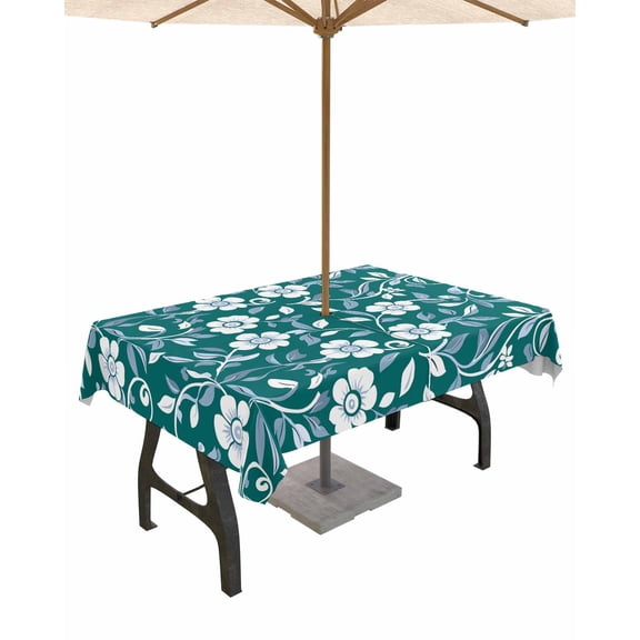 Outdoor Tablecloth with Umbrella Hole for Patio/Picnic/Party/Camping, Green White Floral Waterproof Table Cloth Rectangle Table Cover Washable, Farmhouse Retro Botanical Leaves 54"x 80"