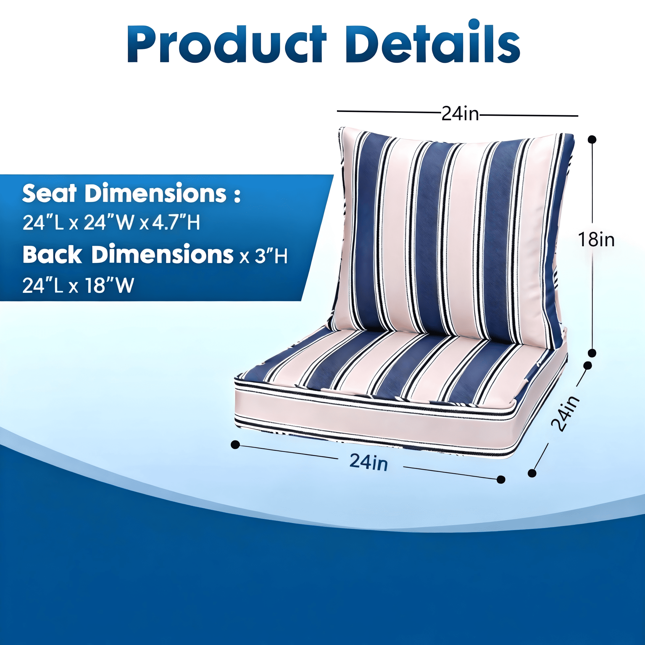 Naturoasis Outdoor Sofa Cushion Set of 4 for 2-Seater Patio Furniture, 24 x 24Inch Waterproof Fade Resistant Deep Seat and Back Cushions with Removable Covers,Sofa, Blue Stripes