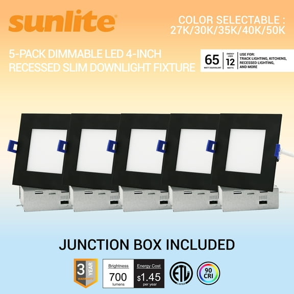 Sunlite 41840 LED 4-Inch Recessed Slim Downlight Fixture, 12 Watts (65W=), 700 Lumens, Indoor & Outdoor, Color Selectable 27K/30K/35K/40K/50K, 90 CRI, 120V, Dimmable, ETL Listed, Matte Black, 5 Pack