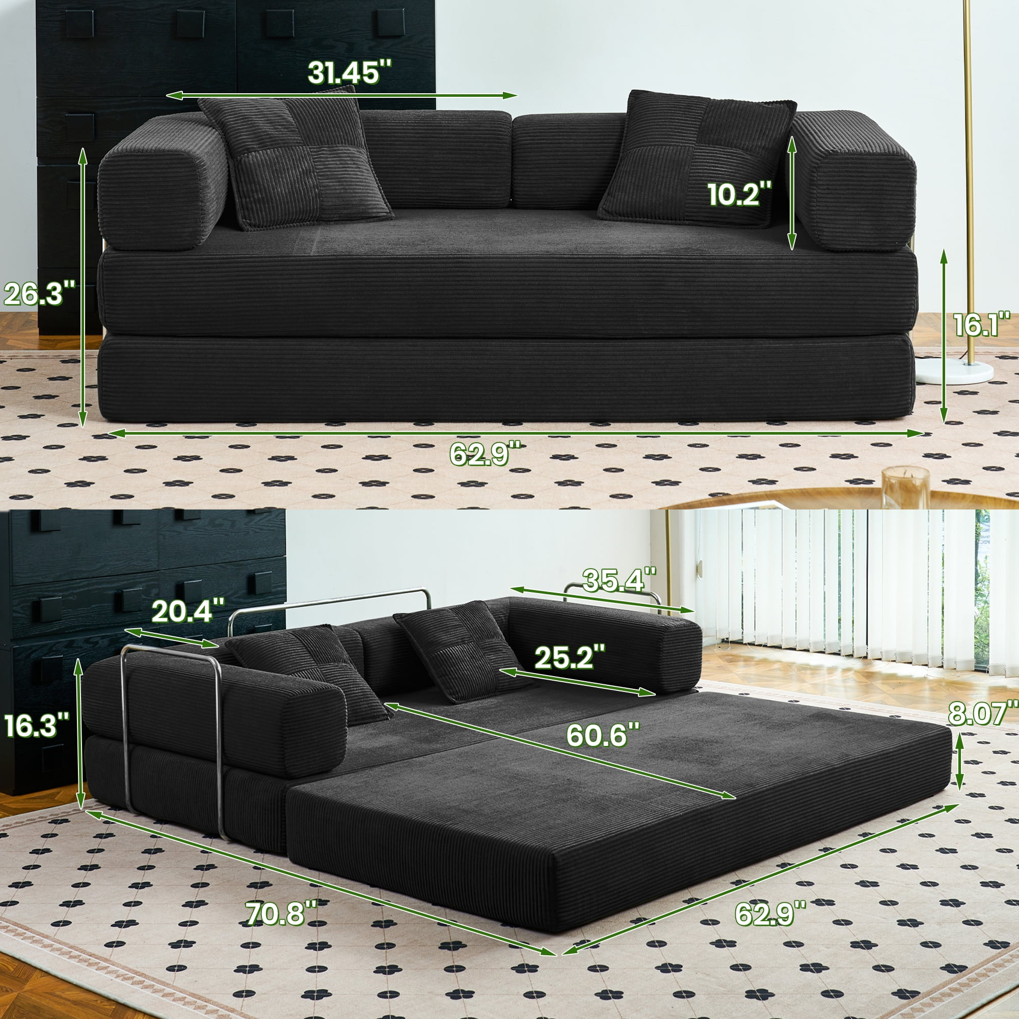 YINIX 62.9" Sleeper Sofa with Two Pillows, Comfy Modular Convertable Sofa Couch for Living Room, Small Spaces, Black