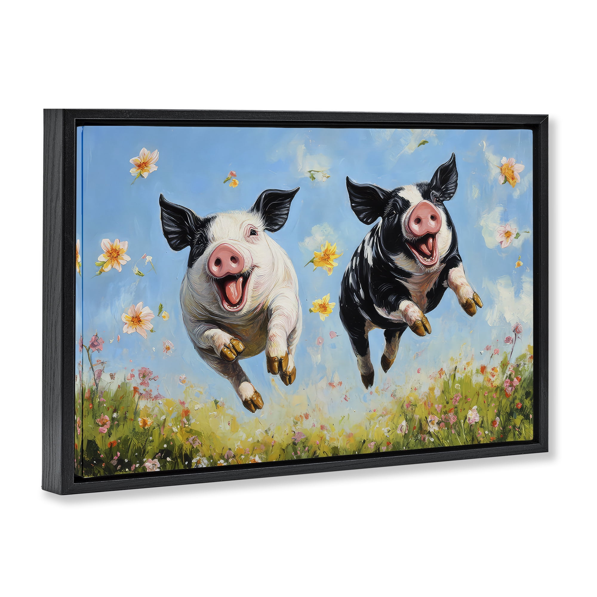 Stupell Industries Flying Pigs & Flowers Black Framed Floater Canvas Wall Art, design by The Wands Want