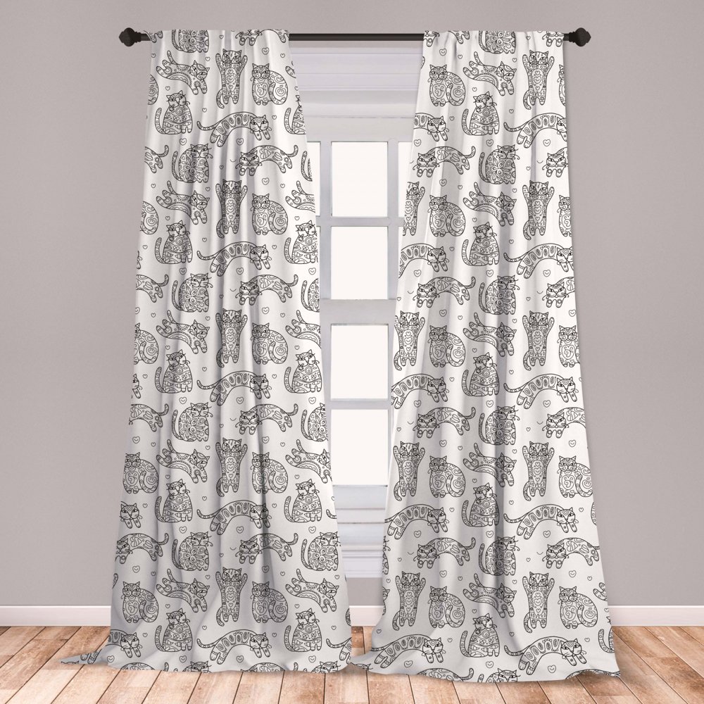 Cats Curtains 2 Panels Set, Ornamental Kittens with Floral Pattern