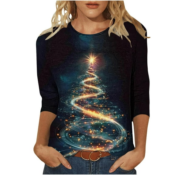 LiMoi Women's 3/4 Sleeve Round Neck Holiday Tree Graphic Print Casual T-Shirt Tees Tshirts Tops for Christmas Season My Items