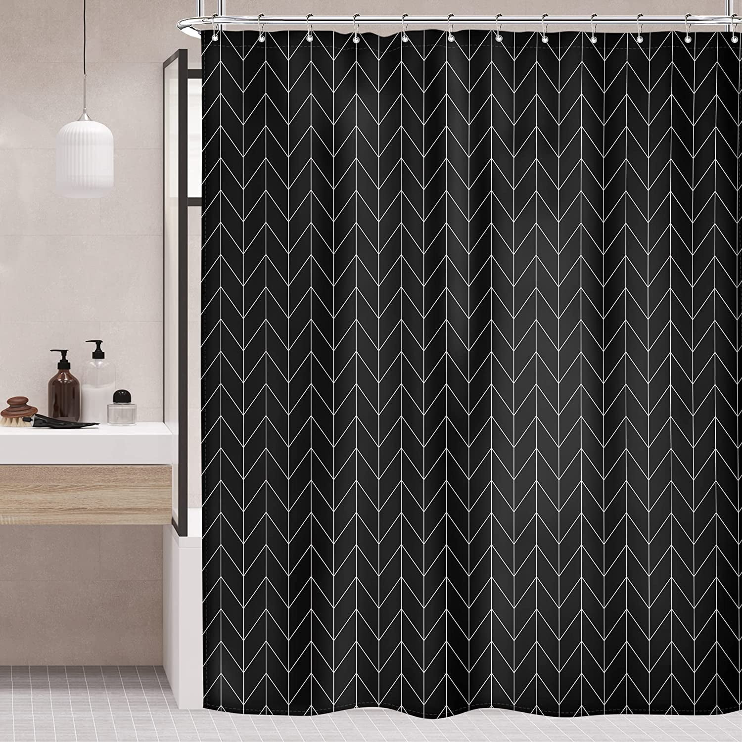 Herringbone Chevron Shower Curtain Extra Long 72x84 Inch Black Geometric Striped Modern Fashion Panel Decor Fabric Bathroom Set Polyester Waterproof 12 Pack Hooks