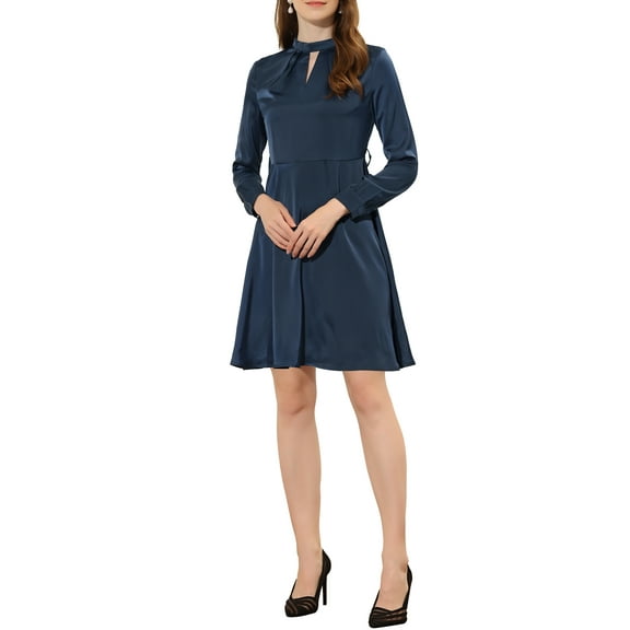 INSPIRE CHIC Women's Belted Satin Keyhole Tie Waist A-Line Dress XS Navy Blue