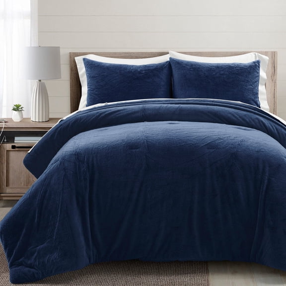Lush Decor Modern Solid Ultra Soft Faux Fur Light Weight All Season Comforter Navy 7Pc Set Queen