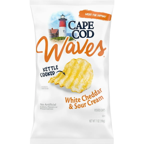 Cape Cod Waves Potato Chips, Wavy Cut White Cheddar & Sour Cream Kettle Chips, 7 oz