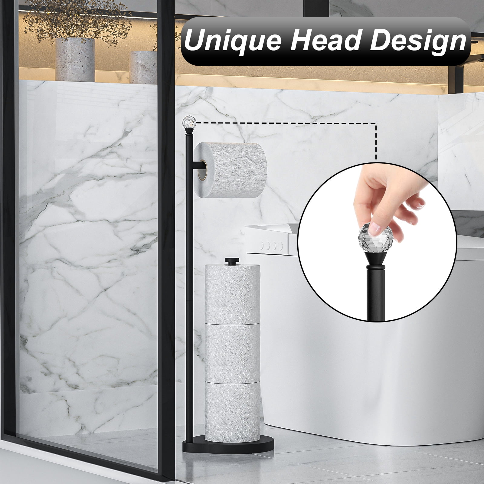 KASUNTO Toilet Paper Holder for Bathroom, Heavy Weighted Metal Free Standing Toilet Paper Storage with Crystal Ball, Toilet Paper Stand for Bathroom Accessories, Matte Black [Holds MEGA Rolls]