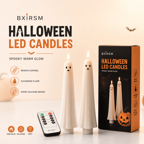 2 Pack Ghost Flameless Taper Candles, Battery Operated Halloween LED Candles with Remote & Timer, Real Wax Spooky Ghost Face Flickering Lights for Home Decor