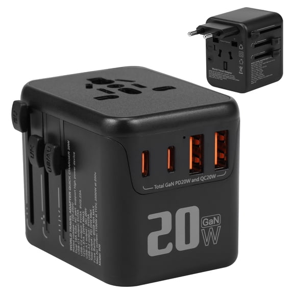 Multifunctional Travel Adapter 4 Port Power Adapter with 2 USB and 2 TYPE C Ports International Travel Essentials for USA EU UK AUS Black