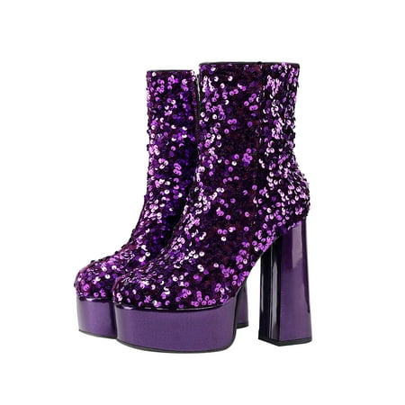 KIJBLAE Women s Sequined Platform Boots Chunky Heel Ankle Booties High Heels Party Dress Shoes Fashionable Shoes Purple 39