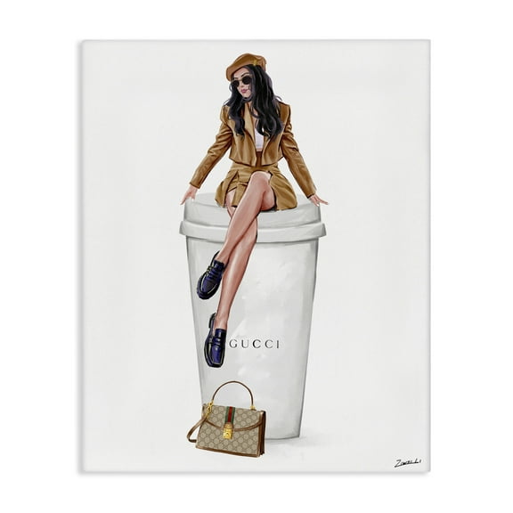 Stupell Industries Chic Lady on Coffee Cup People Painting Wrapped Canvas Art Print Wall Art, 16 x 20