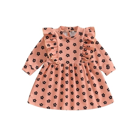 

Qtinghua Toddler Baby Girls Dress Floral Print Ruffle Long Sleeve Dress Fall Casual Princess Dress Orange Pink 4-5 Years