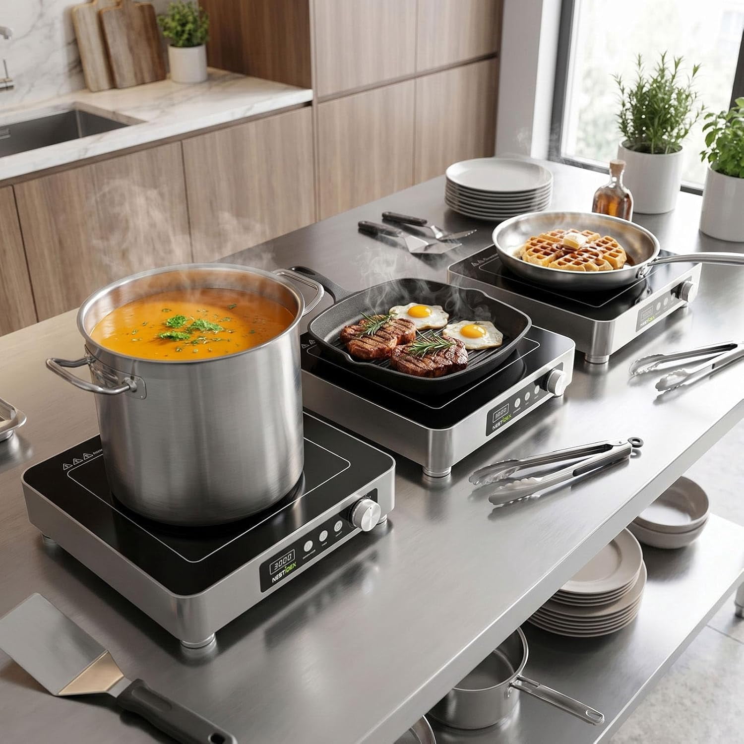 Abangdun 3000W 195V～275V High Power Commercial Induction Cooktop 11.4" Dual Copper Coil Heavy Duty Electric Stove Countertop Burner Industrial Kitchen Range Non Pulse Cooking Hot Plate