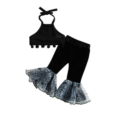 

wybzd Infant Baby Girls Pants 2Pcs Set Lacing Halterneck Vest with Cobweb Patchwork Flare Pants Halloween Outfit Black 18-24 Months