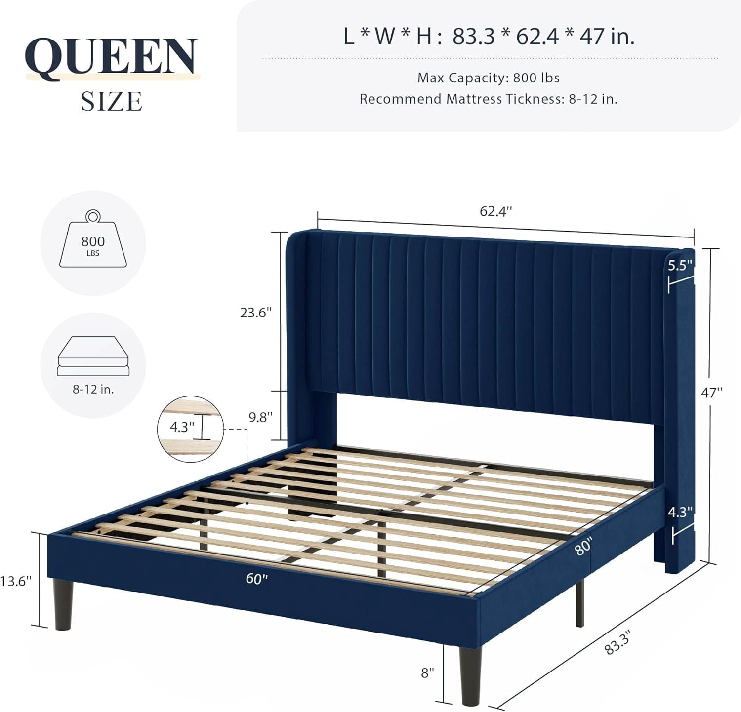 Allewie Queen Size Velvet Bed Frame/Vertical Channel Tufted Wingback Headboard/Upholstered Platform Bed/Strong Wooden Slats/No Box Spring Needed/Easy Assembly/Blue