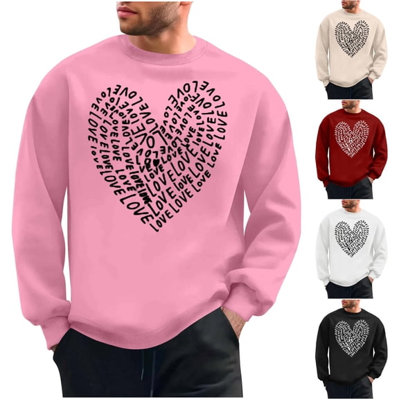Jinhomg Mens Holiday Sweatshirt 2025 Trendy Valentine's Day Love Heart Print Pullover Casual Comfy Long Sleeve Crew Neck Tops Black M