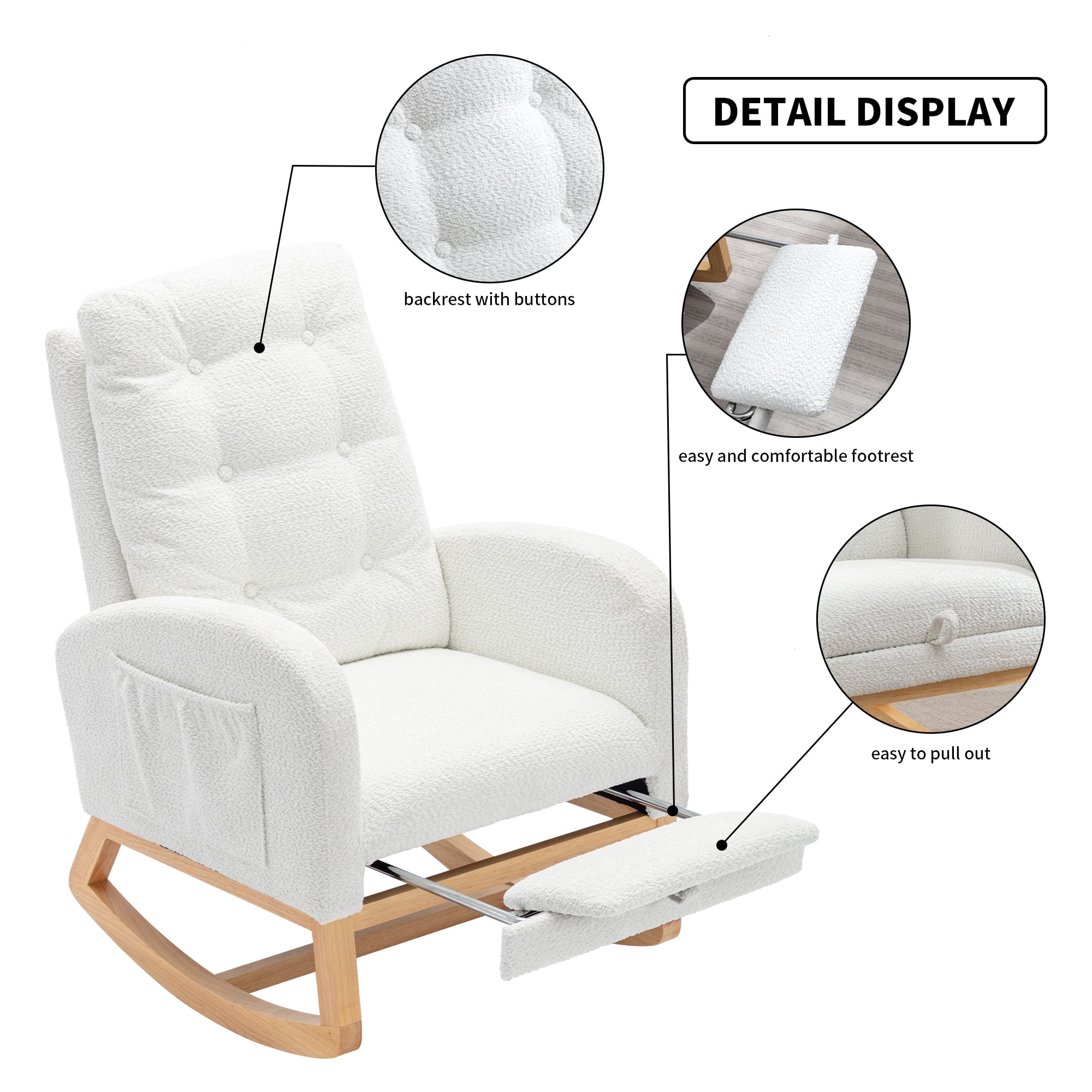 Modern Accent Rocking Chair with Pull-out Footrest,Nursery Glider Chair with Solid Wood Legs & Side Pocket,Upholstered Lounge Chair with High Backrest,White