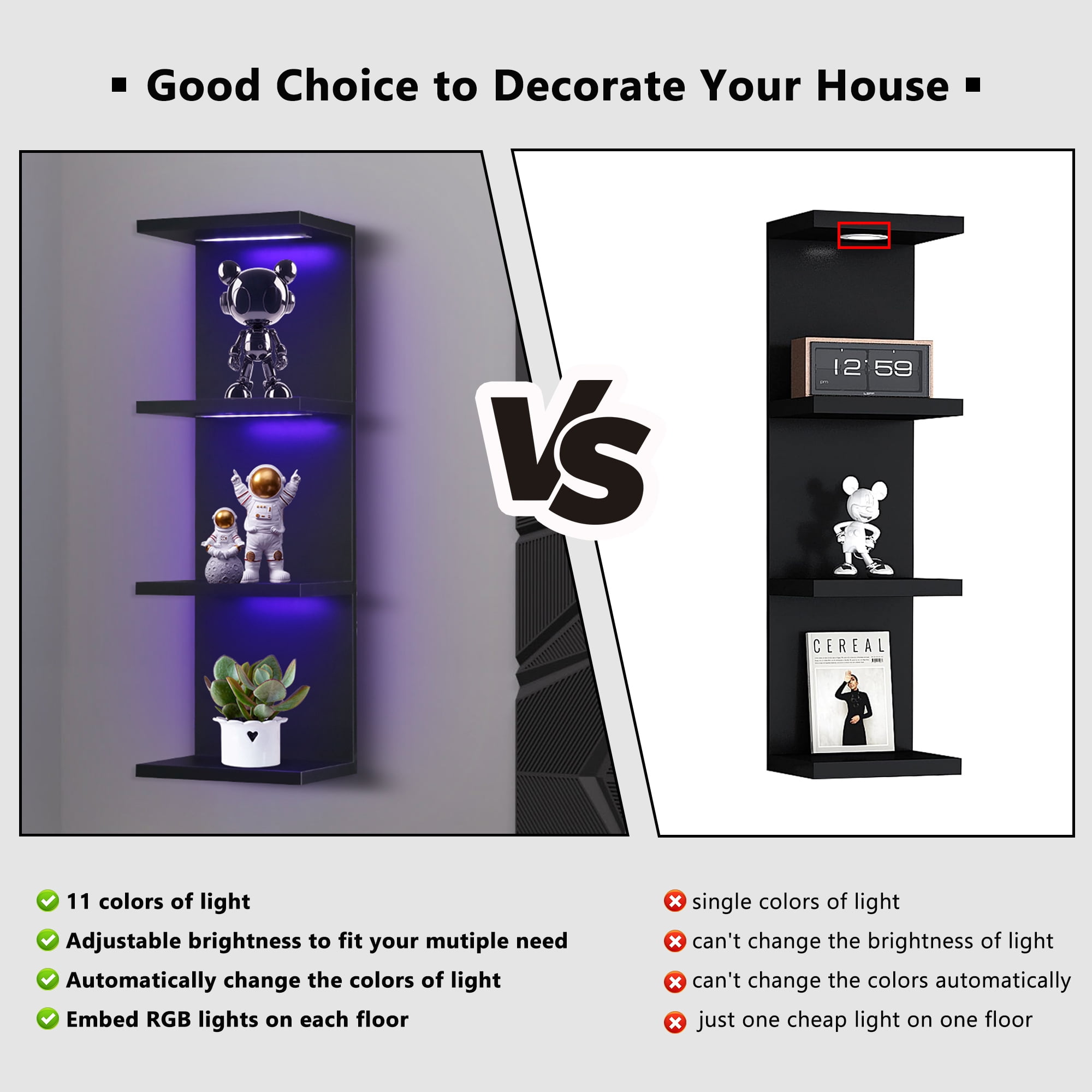 Versatile 4 Tier Wall Shelf Unit,Black Lack Wall Shelf,Display Floating Shelf with RGB Remote Control Light