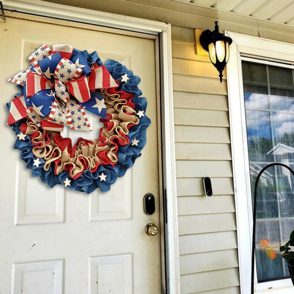 4th of July Independence Day Wreaths, Summer Patriotic Front Door Wreath with Bow Memorial Day Ribbon Wreath for Front Door Wall Home Decor