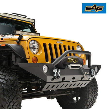 EAG Stubby Front Bumper with Skid and Winch Plate and D-Rings for 07-18 Jeep Wrangler (Best Stubby Bumper Jk)