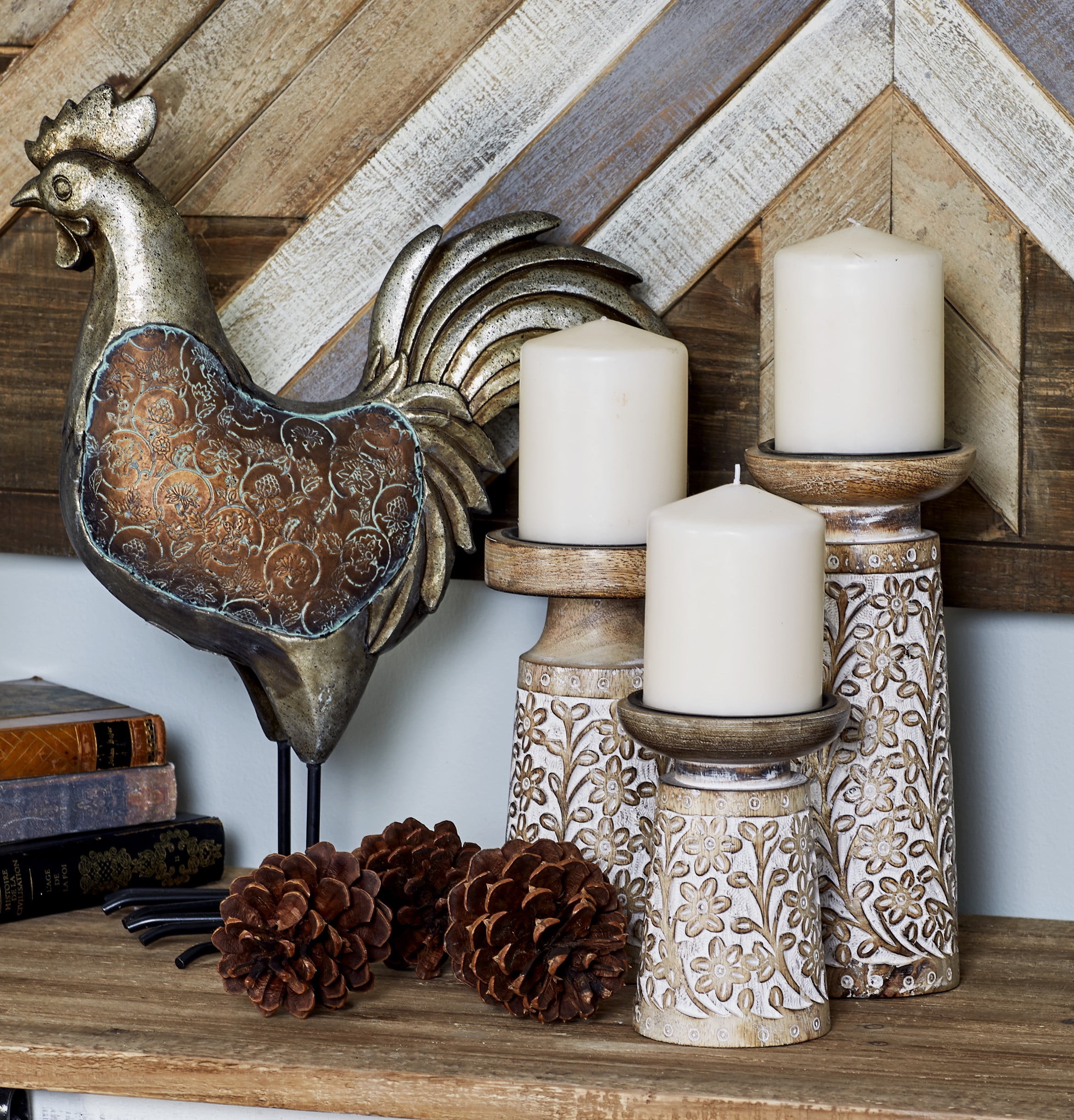 DecMode Whitewashed Natural Wood Candle Holders with Carved Floral