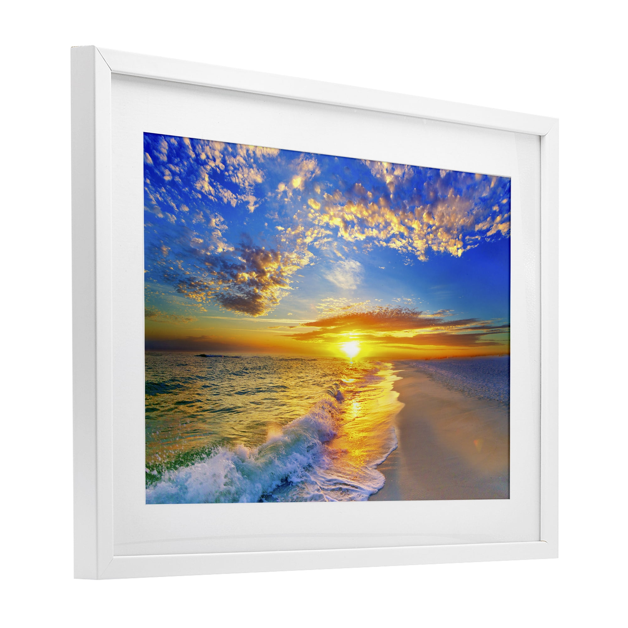 Stupell Industries Golden Sunset Beach Blue Sky White Framed Print Under Glass, design by Eszra Tanner