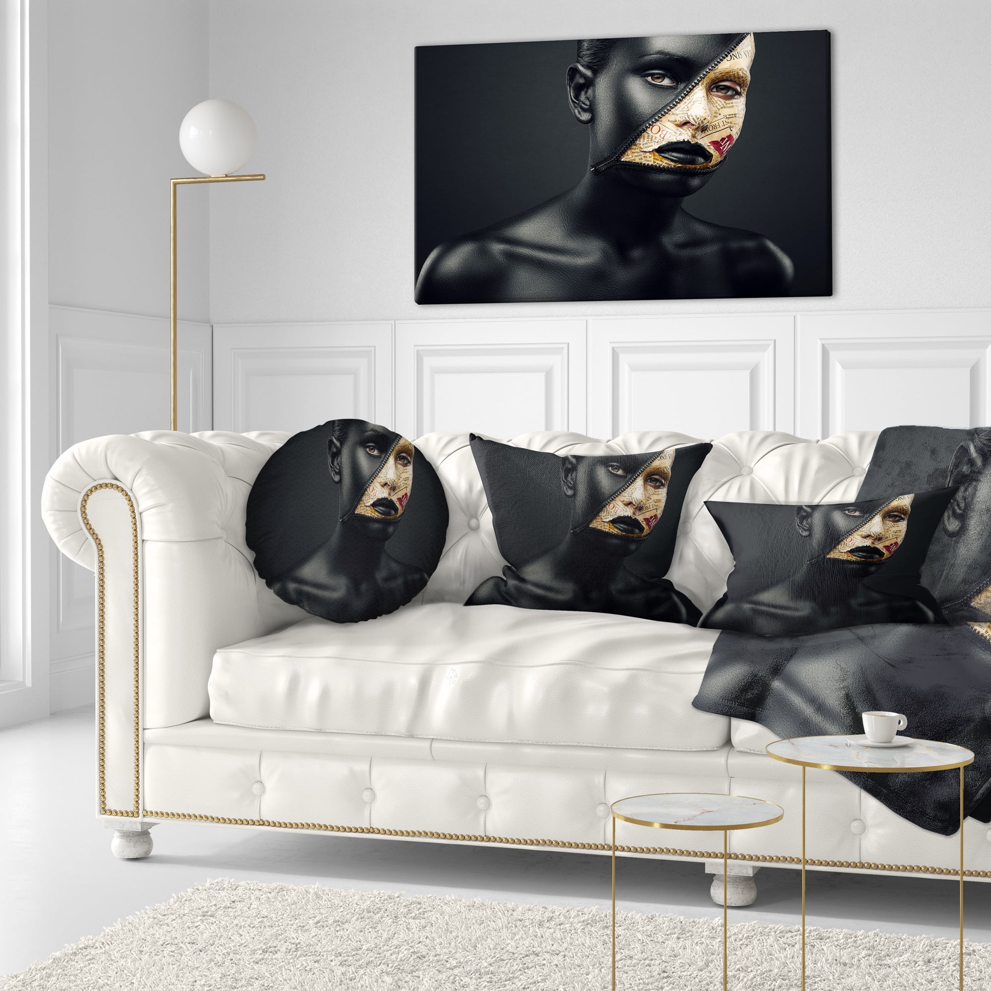 Designart Woman with a Zip on Face - Portrait Throw Pillow - 12x20