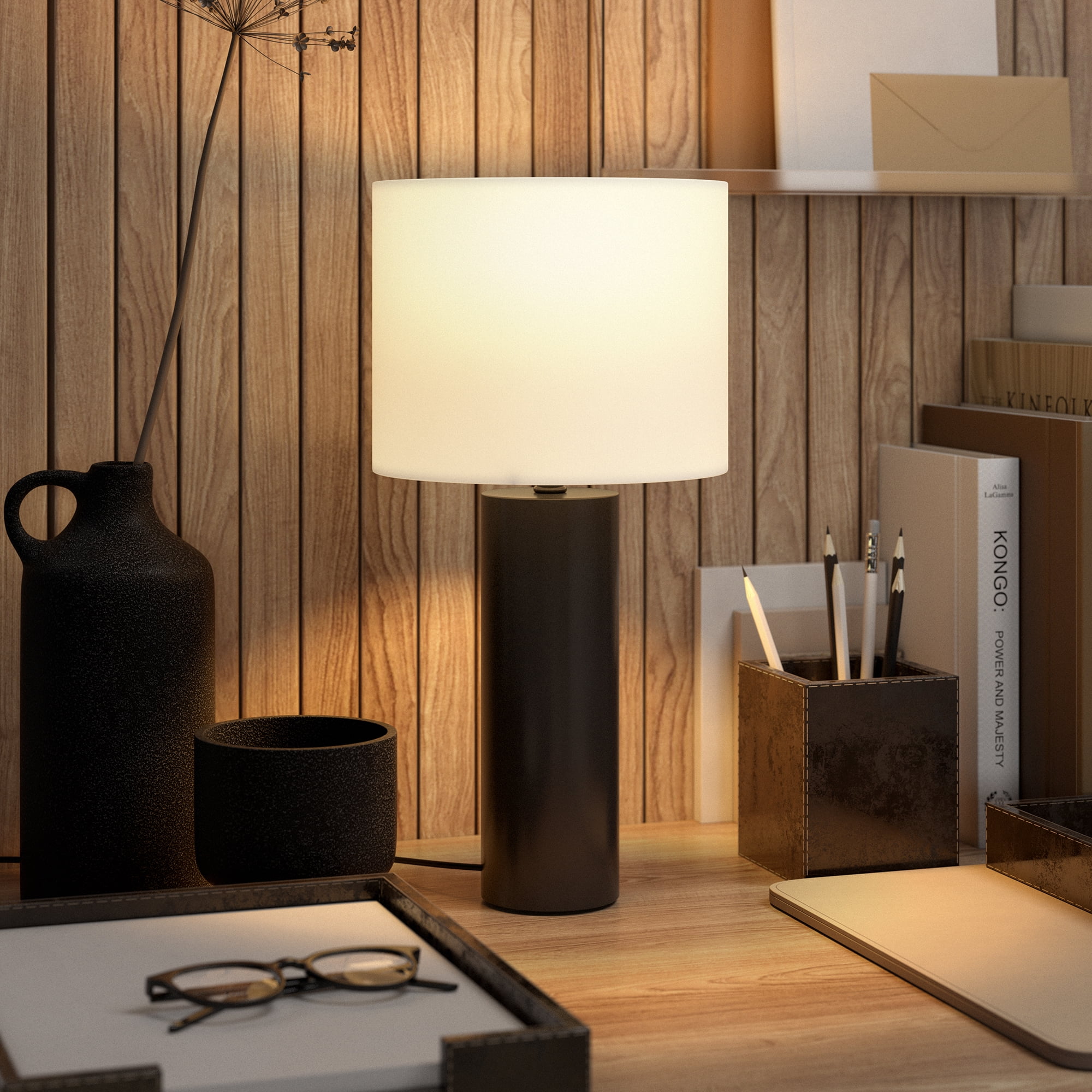 York 16" Tall Table Lamp with Fabric Shade in Blackened Bronze/White