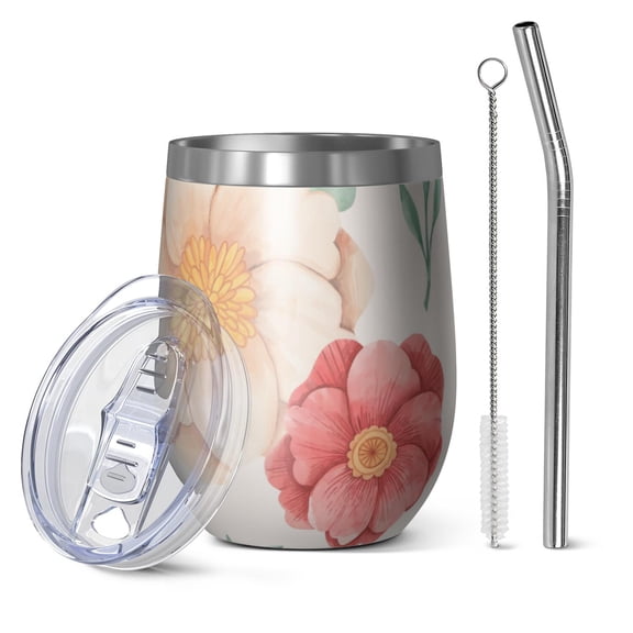 Floral 12oz Stainless Steel Insulated Wine Tumbler with Lid and Straw – Double Wall Vacuum Mug for Hot & Cold Drinks, 304 Steel Interior, Sweat-Free Design,Thanksgiving,Christmas, Spring,Flower