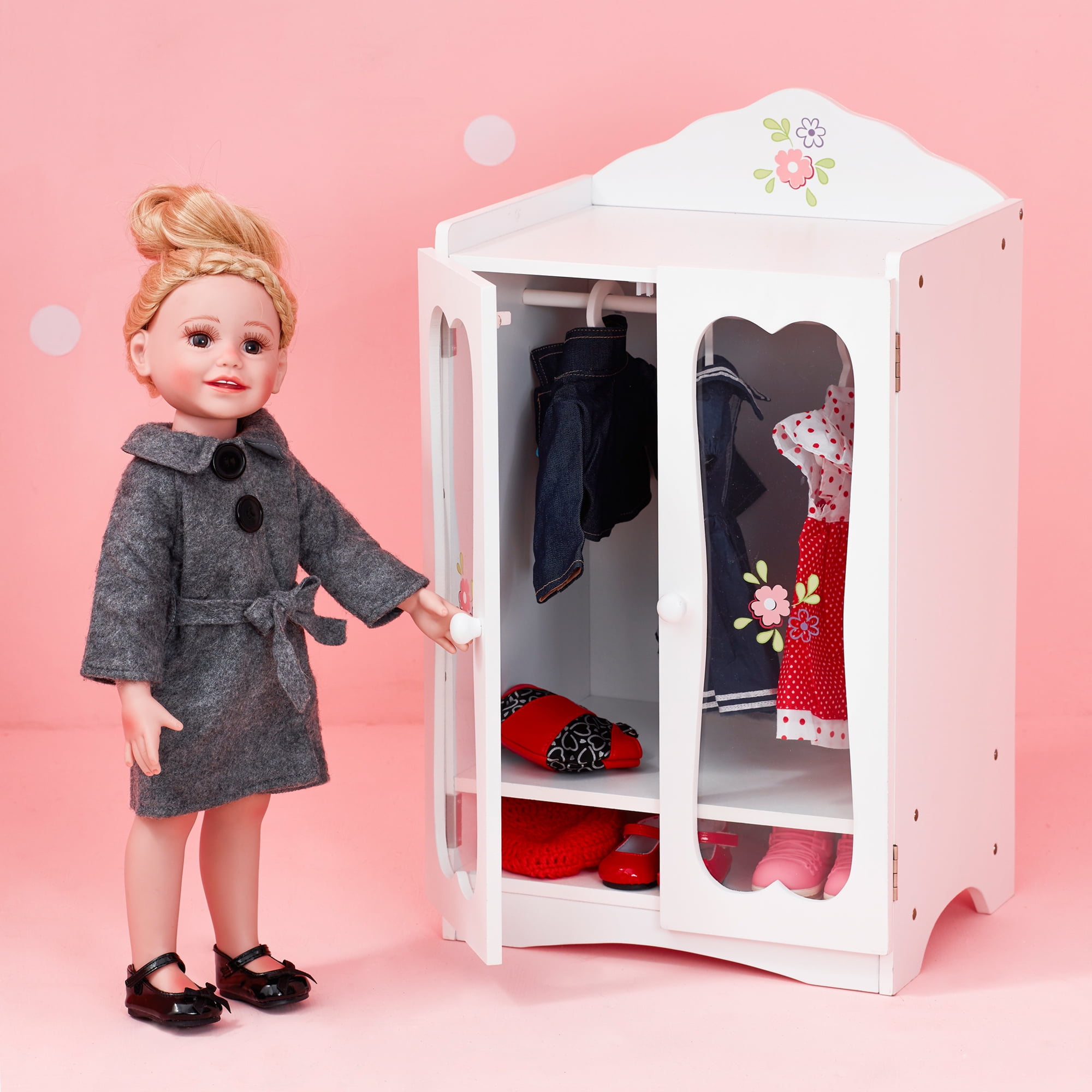 Olivia's Little World Polka Dot Princess Wooden Shaker-Style Double Closet  for 18 Doll Wardrobes with Windowed Doors, Three Shelves, Hanging Space