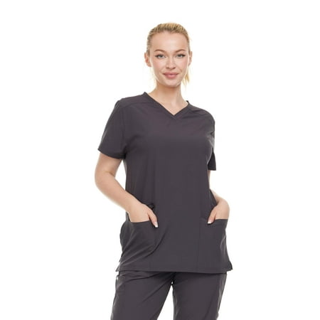 

Heal + Wear Women Scrubs Top V-Neck Short Sleeve Female Medical with Pockets Regular Fit 4 Way Stretch Pewter XL