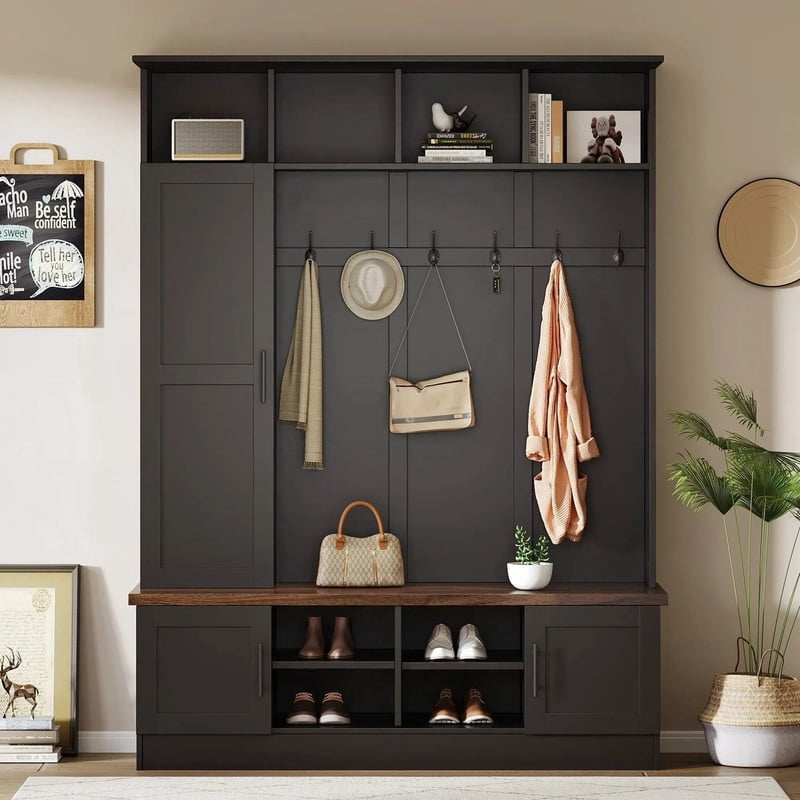 Farmhouse 3-in-1 Hall Tree with 6 Hooks, Versatile Storage Bench with Cabinets and Open Compartments, Entryway Coat Rack