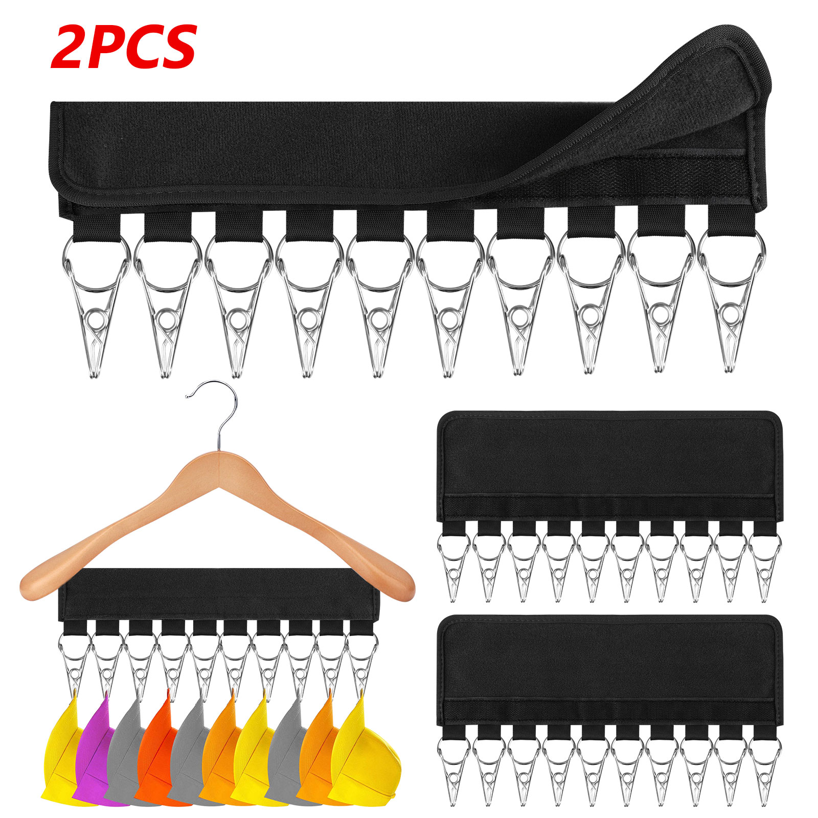 TSV 2pcs Cap Organizer Hanger, Hat Holder with 10 Stainless Steel Clips