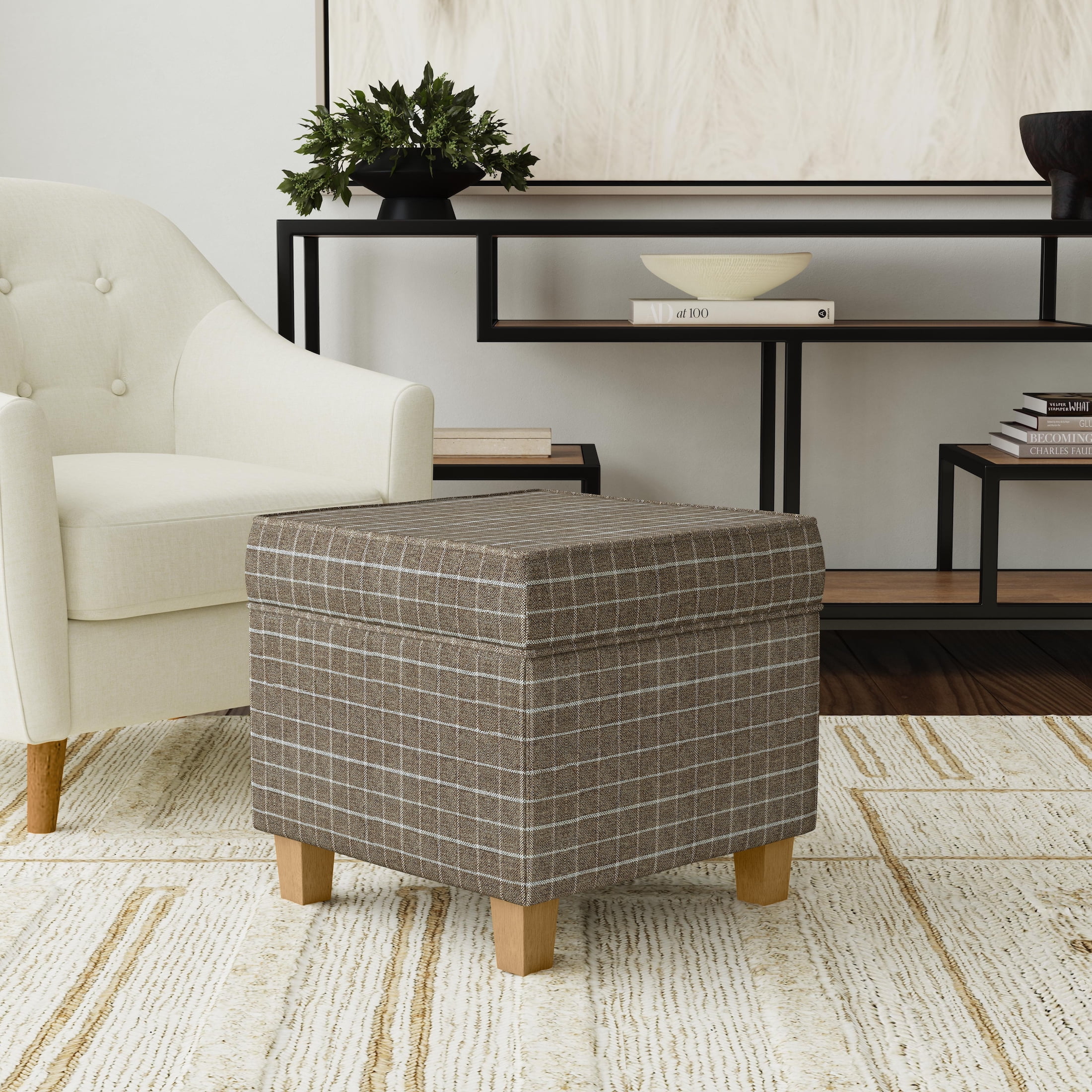HomePop Square Storage Ottoman, Brown Window Pane Print