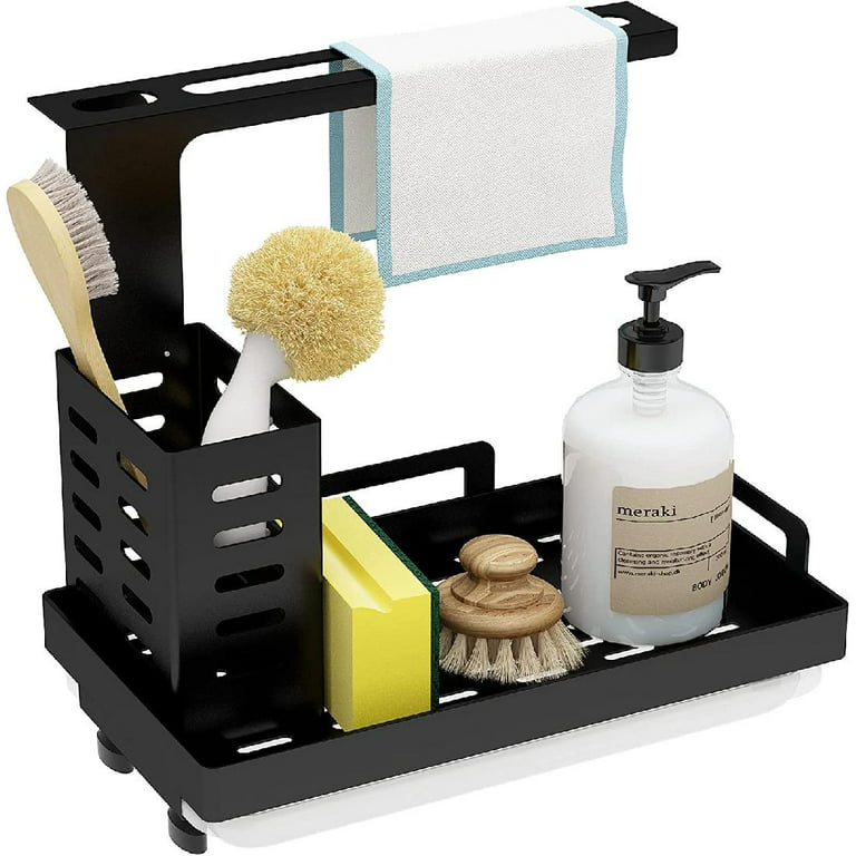 Kitchen Sink Caddy Sponge Holder Organizer for Dish Rag Soap Brush w/ Drain  Tray