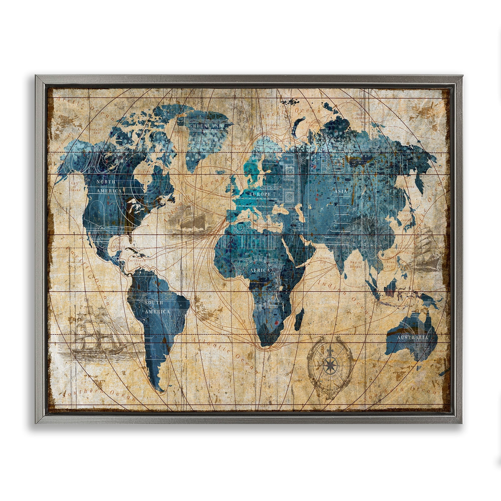 Stupell Industries Vintage Abstract World Map Design Luster Gray Framed Floating Canvas Wall Art, 16x20, by Art Licensing Studio
