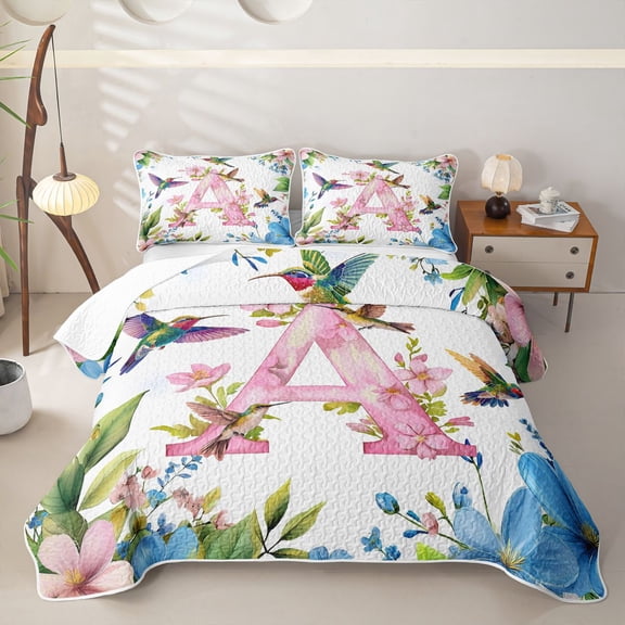 Castle Fairy Floral Letter A Hummingbird Twin Quilt Set for Women,Spring Garden Twin Coverlet Set for Home Decor