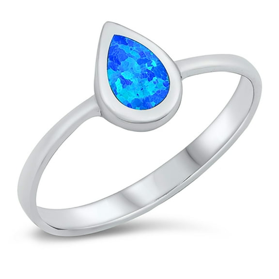 Teardrop Blue Simulated Opal Solitaire Ring Sterling Silver Size 5